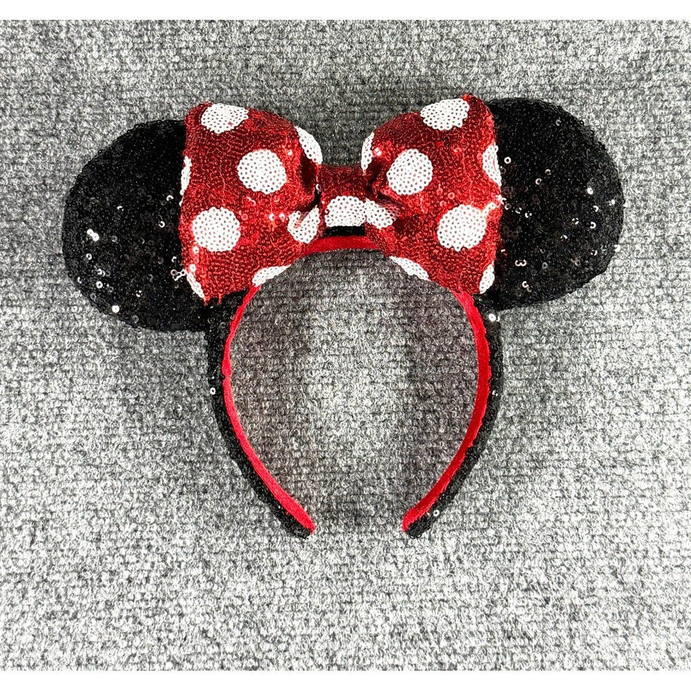 Disney Parks Minnie Mouse Sequined Ear Headband Red White Polka Dot Bow Black